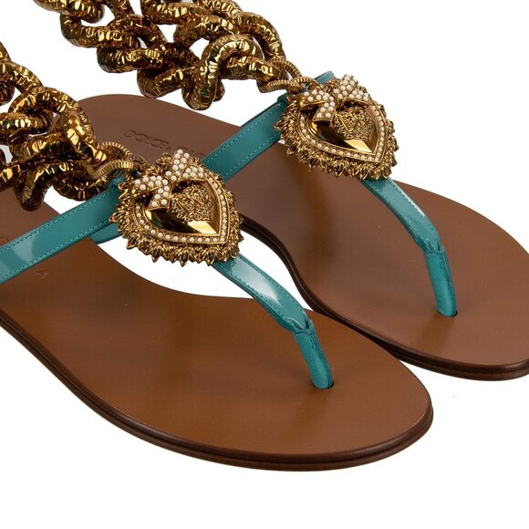 Dolce & Gabbana - DEVOTION Pearl Heart Leather Sandals INFRADITO Chain Blue Gold - Picture 4 of 5